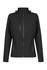 A black soft shell jacket with zippered pockets and a stand-up collar. It features a logo on the front.