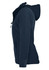 A navy soft shell jacket with a hood, featuring side pockets and a sleek profile, including branding.