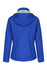 A blue soft shell jacket with a hood, featuring a fitted design and a logo on the back.