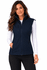 A woman models a navy blue work vest with multiple zippered pockets and a zipped front. The vest has a logo.