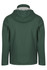 A green jacket with a hood, featuring a clean design and a light-coloured interior. It includes a logo on the back.