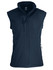 A navy blue men's vest with a zip front and two side pockets, featuring a logo.