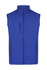A blue work vest featuring three zippered pockets and a high collar, with a logo on the front.