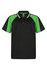A black polo shirt featuring green accents and a logo. Suitable for children, with a sporty design.