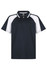A navy polo shirt with white accents and a collar, featuring a three-button placket and a logo.