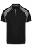 A black polo shirt with grey accents and a logo on the chest. Features a classic collar and button placket.