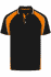 A black polo shirt with orange accents and a logo on the chest. Features a collar and three buttons.