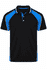 A black polo shirt with blue accents and a logo on the chest. Features a classic collar and button placket.