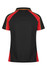 A black polo shirt with red and yellow accents, featuring a collar and short sleeves, and a logo.