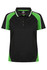 A black polo shirt with green accents and a contrasting collar, featuring a branded logo.