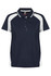 A navy blue polo shirt with white accents and a logo on the chest. Features a classic collar and button closure.