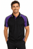 A black polo shirt with purple accents and a logo, featuring short sleeves and a classic collar.