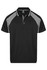 A black polo shirt with grey accents and a logo on the chest. Short sleeves and a classic collar design.
