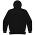 A black hoodie featuring a simple design with grey side panels and a hood. It has a branding logo.