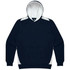 A navy blue hoodie with a light grey interior and contrasting side panels, featuring a front pocket and a logo.