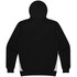 A black hoodie with a hood and contrasting side panels. Features a logo on the back.