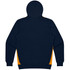 A navy hoodie with yellow side panels, featuring a hood and a simple design. It has a logo on it.
