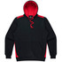 A black hoodie with red accents, featuring a front pocket and a drawstring hood. It has a logo on the chest.
