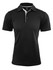 A black polo shirt with white accents and a three-button placket. Features a logo on the chest.