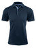 A navy blue polo shirt with light blue detailing and a logo on the chest.