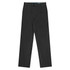 A pair of black pleated men's pants with a logo on the waistband. The pants feature a classic slack design.