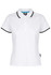 A white polo shirt featuring short sleeves and contrasting trim, with a logo on the front.