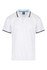 A white polo shirt with black trim and a logo on the label.