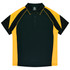 A black and yellow polo shirt featuring a collar and short sleeves, with a logo on the front.