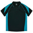 A black and teal polo shirt featuring a collared neckline and short sleeves, with a logo on the label.