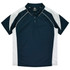 A navy blue polo shirt with white accents and a collar, featuring a logo on the label inside.