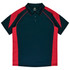 A polo shirt featuring a navy base with red accents and a logo on the collar.