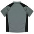 A grey polo shirt with black accents at the shoulders and back, featuring a logo.