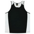 A black and white singlet featuring a logo, designed for kids.