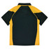 A polo shirt in dark green and yellow with a short-sleeved design. It features a collar and contrasting colours.