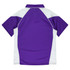 A purple and white polo shirt with short sleeves and a collar. Features a logo on the design.