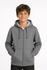 A grey zippered hoodie for kids with a hood and front pockets, featuring a brand logo.