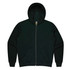 A green zip-up hoodie with a hood and front pockets, featuring a logo.