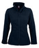 A navy soft shell jacket with a zip front and two side pockets. Features a collar and has a logo.