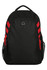 A black backpack with red stripes, featuring a logo and side mesh pockets. Suitable for carrying personal items.