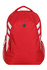 A red backpack with white stripes and a side mesh pocket, featuring a logo on the front.