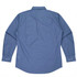A blue long-sleeve button-up shirt with a checked pattern and a back yoke design. Features branding.