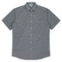 A short-sleeve button-up shirt in a black and white check pattern, featuring a single chest pocket and a collar.