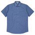 A short-sleeve, button-up shirt in blue gingham pattern with a chest pocket and a logo.