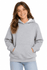 A grey kids' hoodie with a front pocket and a hood, featuring a logo.