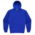 A blue kids' hoodie featuring a kangaroo pocket and a hood. The hoodie has a logo on the label.