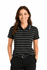 A woman wearing a black and white striped polo shirt, featuring a collar and short sleeves. The shirt has a logo on it.