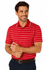 A red and white striped polo shirt worn by a smiling man, with a collar and short sleeves.