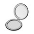 A compact mirror with a shiny silver finish, featuring two reflective surfaces in a hinged design.