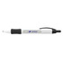 A plastic pen in white with a black grip and a logo on the barrel.