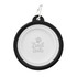 A black and white collapsible pet bowl with a logo, featuring a carabiner for easy attachment.